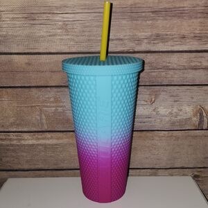Advocare Blue and Pink Gradient Tumbler with Yellow Straw